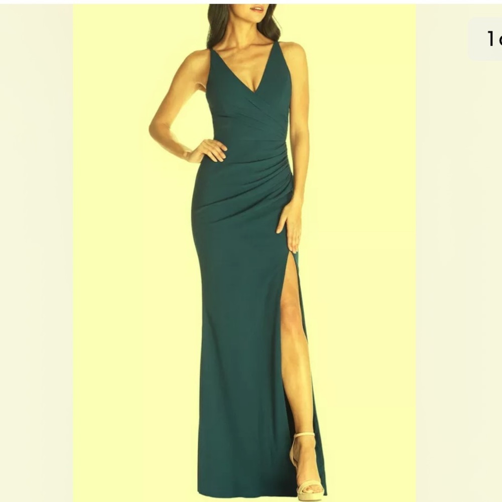 Dress The Population Peacock Jordan Ruched Side Slit Gown Size Large $288